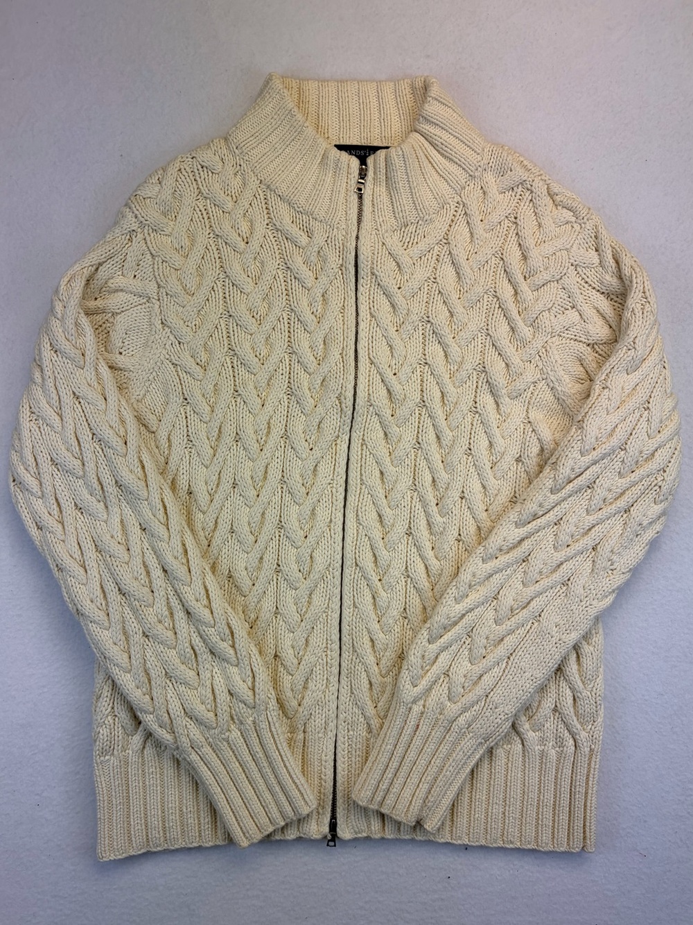 Lands' End Womens Cable Knit Full Zip Mock Neck Sweater Cream Cotton L/P 14-16